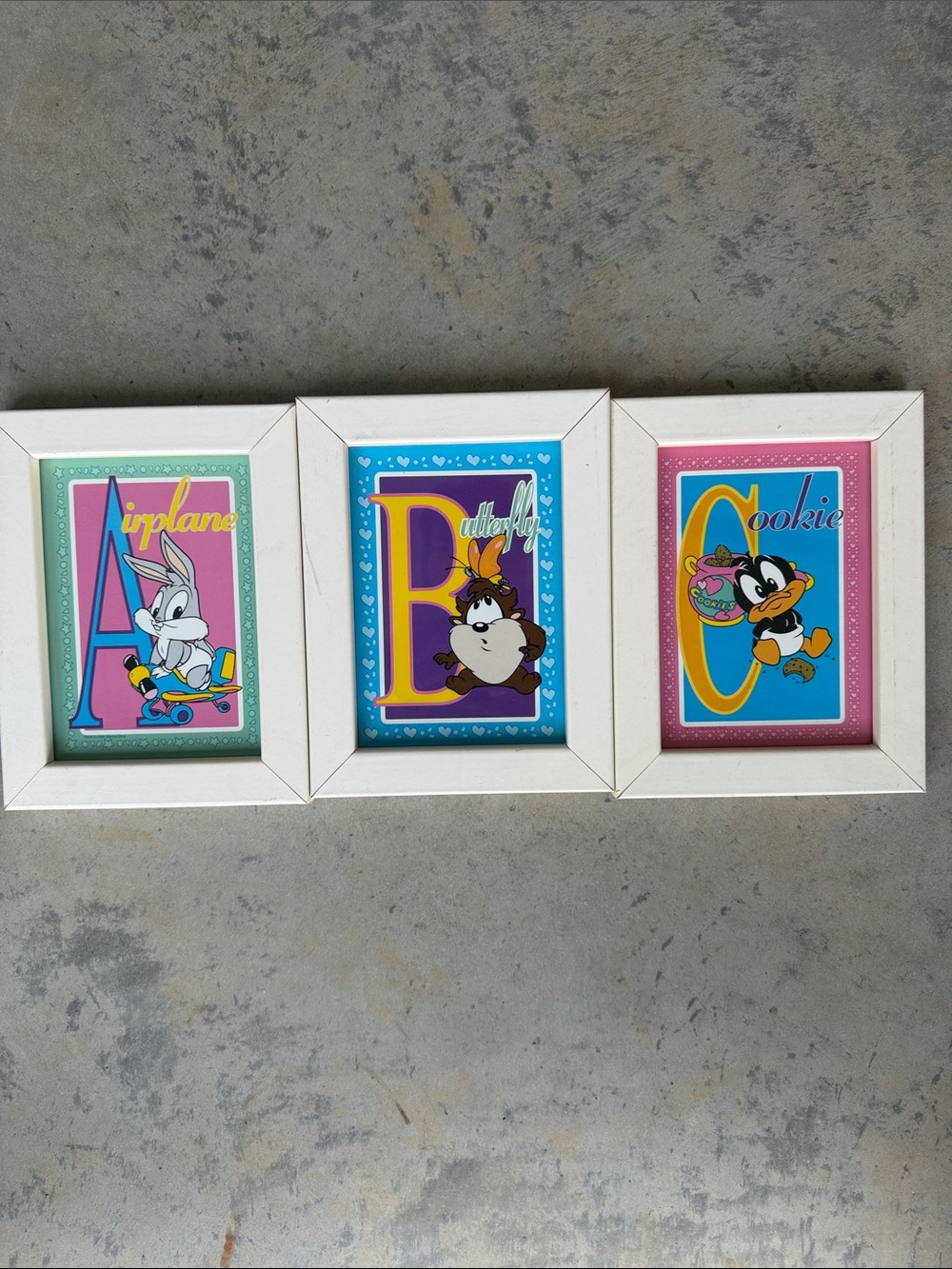 Set of 3 Cartoon Nursery Animal Prints in White Frames - Pink, Blue, Teal